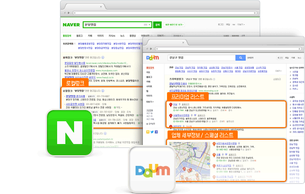 네이버,다음 로컬광고/지역명과 업종명이 결합된 지역성 키워드의 통합검색 결과 페이지의 로컬링크 영역에 노출되는 광고로  쿠폰, 약도 및 기타 부가정보를 한눈에 노출하는 광고 상품입니다./장점으로는 홈페이지가 없어도내 업체를 노출이 가능하고 쿠폰/약도 및 기타 부가정보를 한눈에 노출이 되며 지도, 모바일 통합검색에 노출,장소페이지 무료제공해드립니다